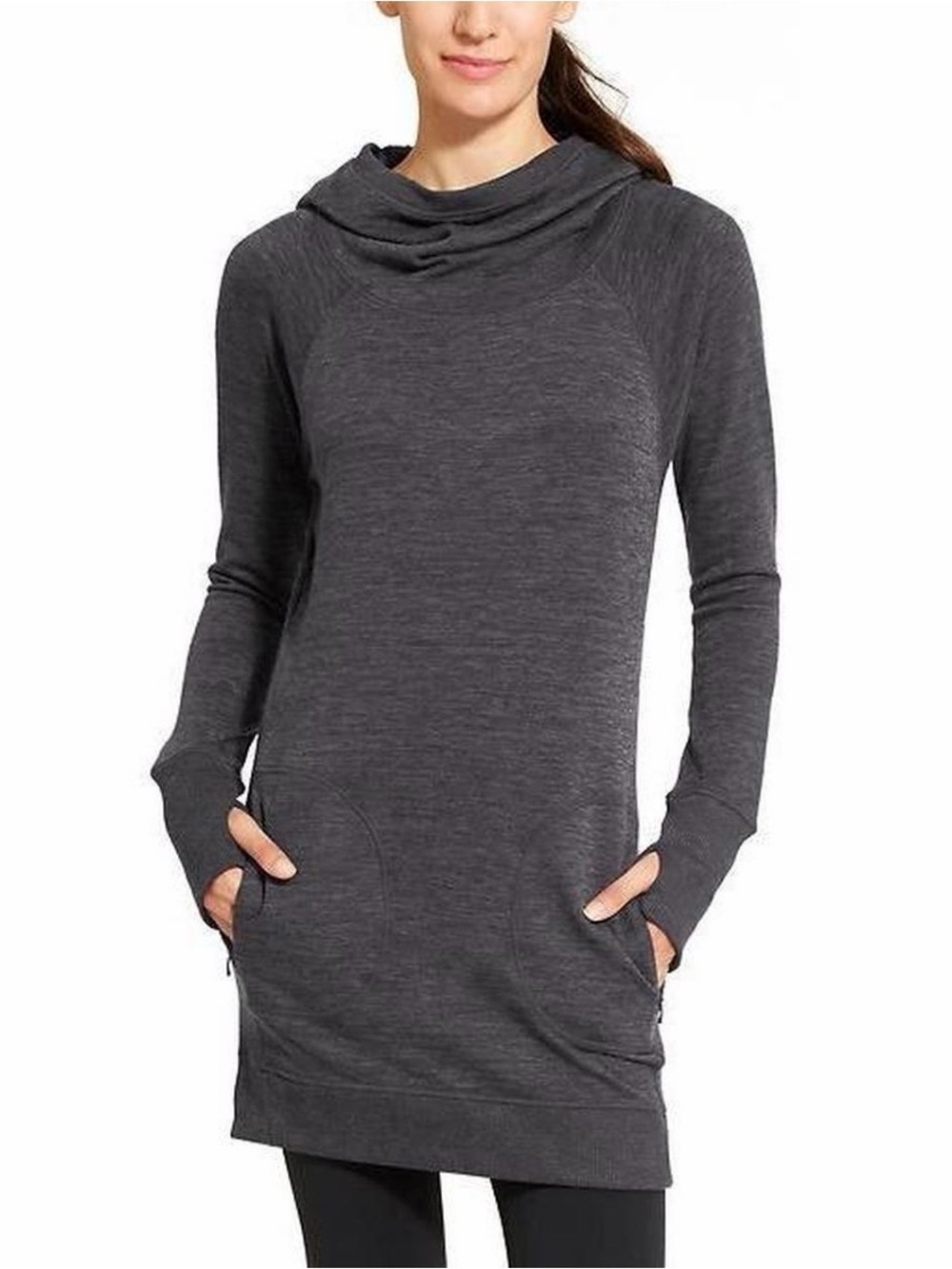 Athleta Blissful Hoodie Dress Charcoal Gray Cowl Neck Tunic Sweater Women XS